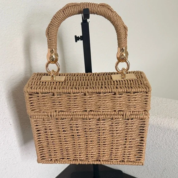 Urban Expressions Woven Mini Top-Handle Bag in Natural Tan with Gold Hardware. - Picture 4 of 11